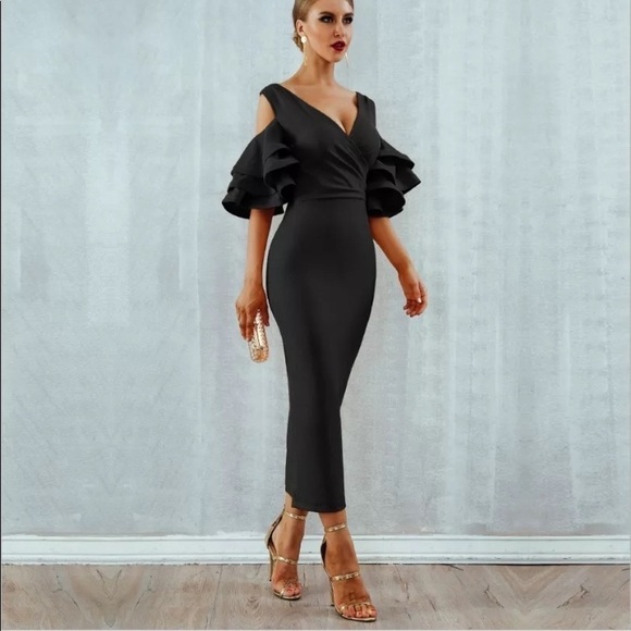 Bodycon Club Dress Sexy Deep V Neck Ruffles Butterfly Short Sleeve Midi size M - Picture 5 of 14